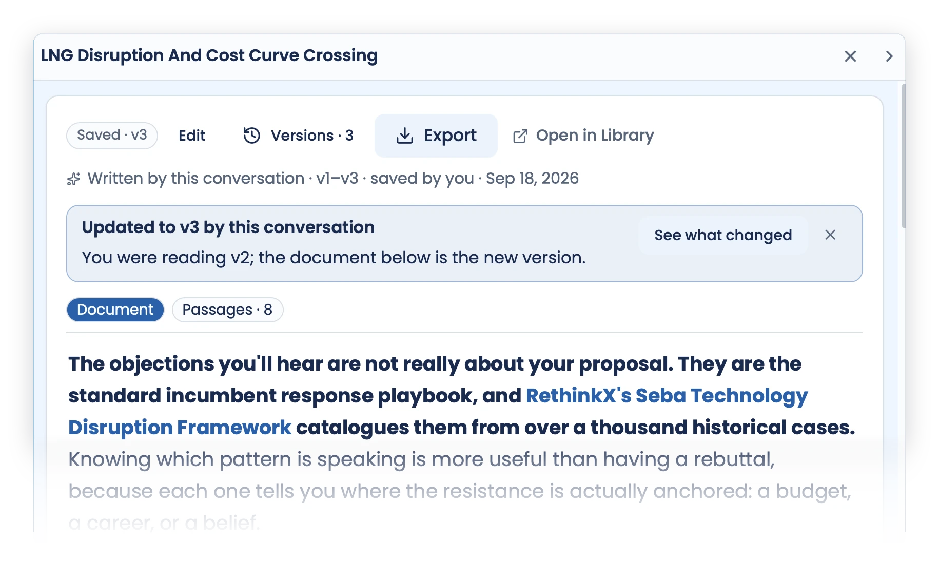 A document in Janus with the notice 'Updated to v3 by this conversation' and a 'See what changed' link. Every version is kept and nothing is overwritten. The image fades where the document continues.
