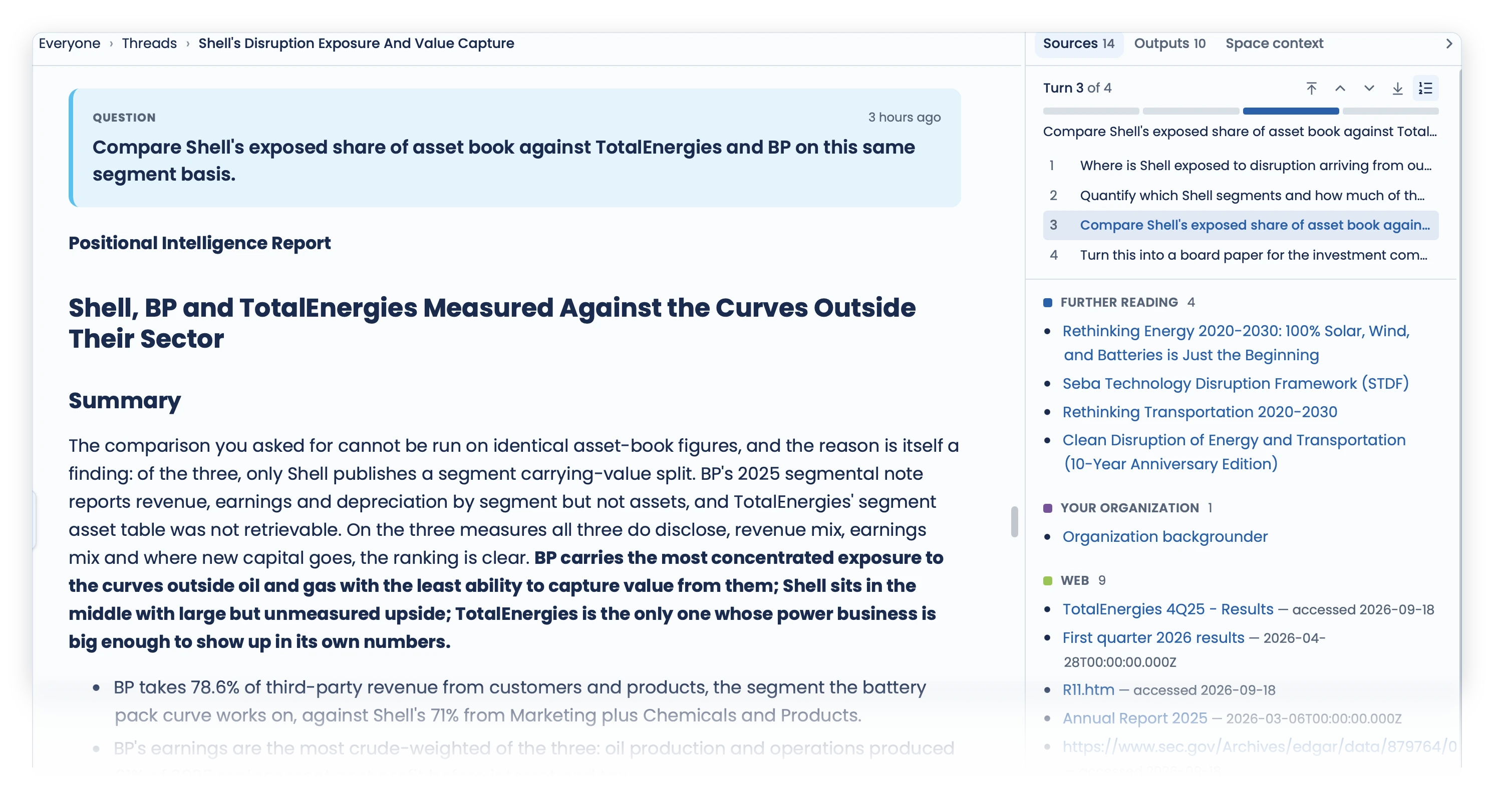 A Janus disruption-exposure analysis on a listed company: the answer leads with the conclusion and carries fourteen sources. The image fades where the report continues.