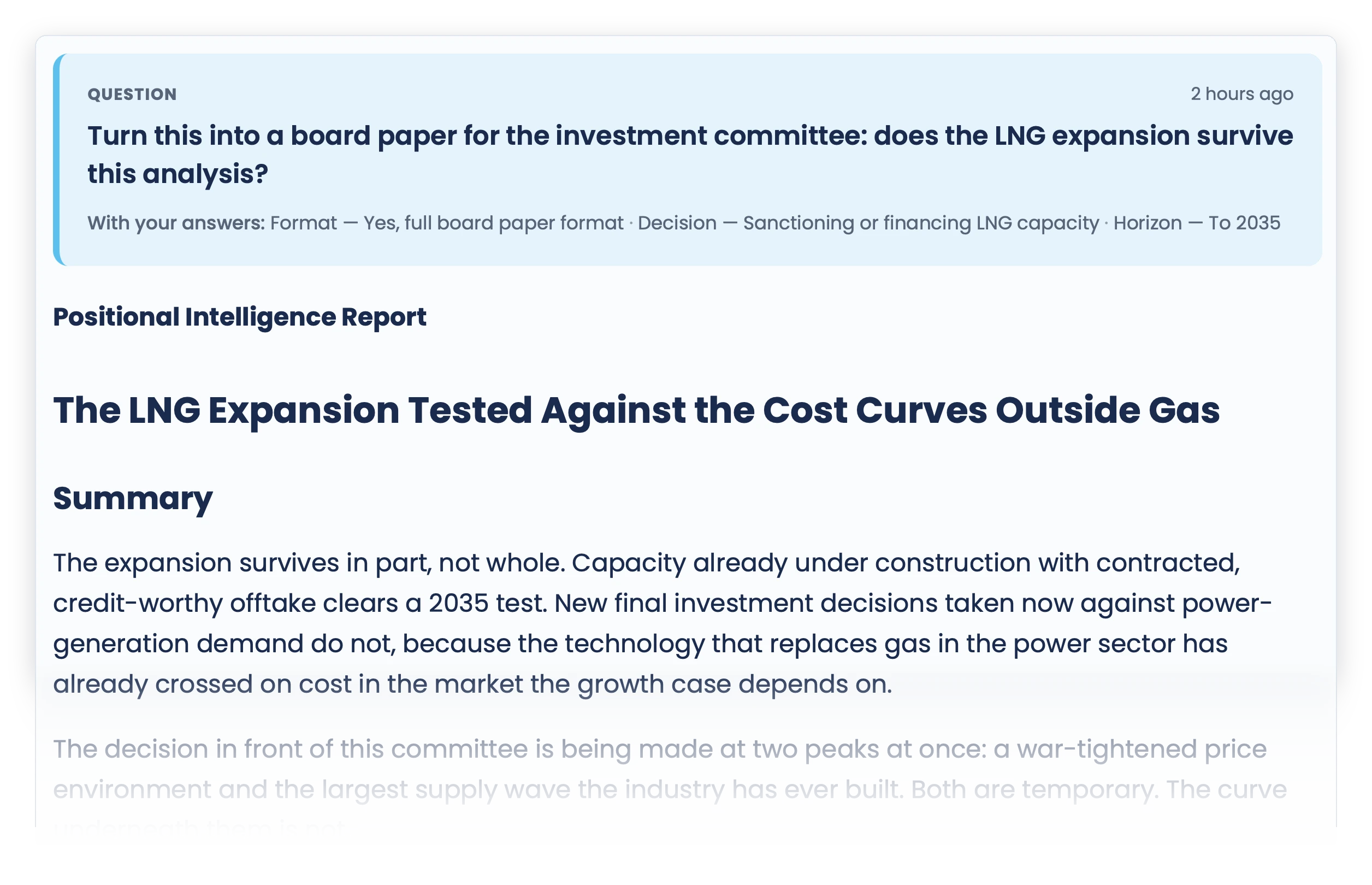 A board-paper request in Janus producing a formal Positional Intelligence Report that opens with the conclusion. The image fades where the report continues.