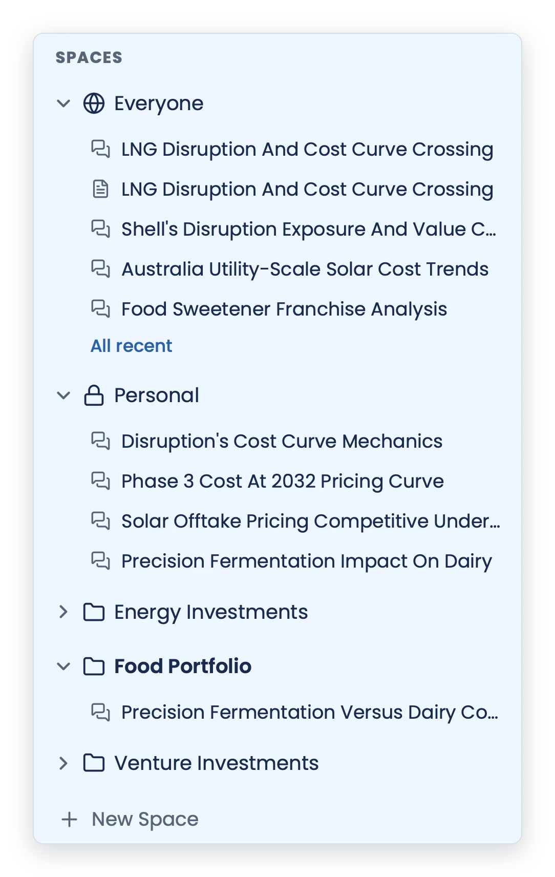 The Janus Space switcher listing organization-wide, personal, and per-project Spaces, each with its own threads and documents.