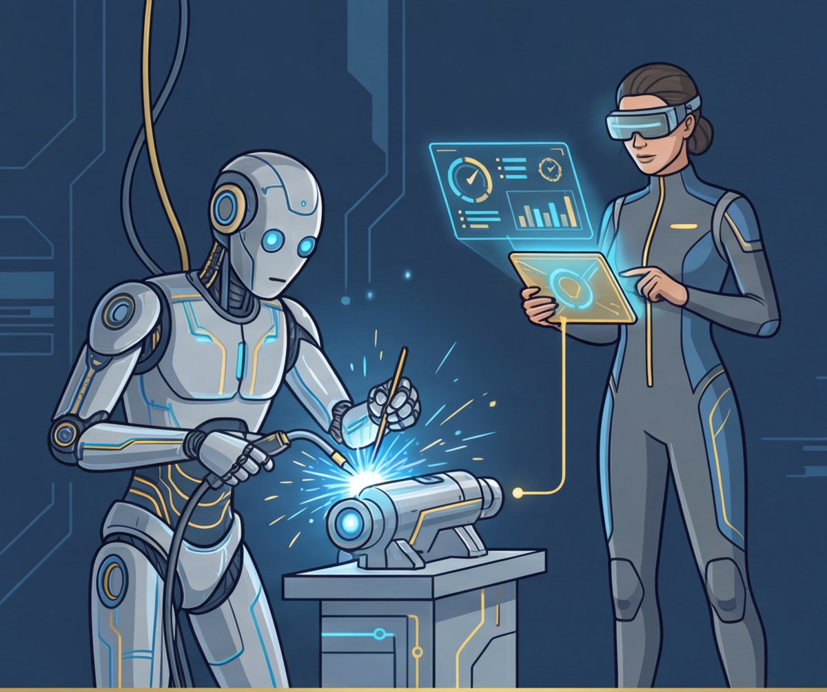Phase 1 illustration: a humanoid robot welding under a human operator reviewing data in AR
