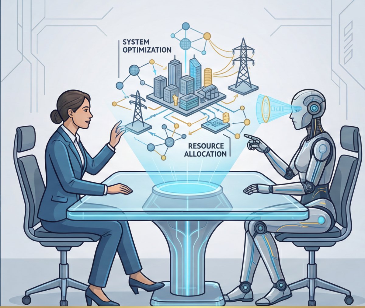 Phase 2 illustration: a human and a humanoid robot collaborating at a holographic planning table