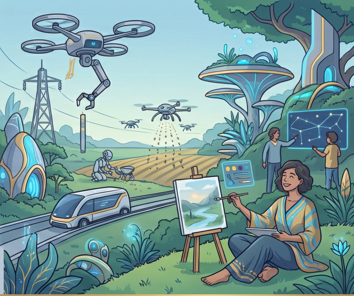 Phase 3 illustration: drones and robots running automated production while humans enjoy creative leisure in nature